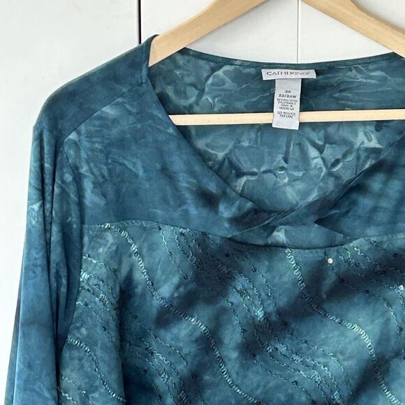 Catherines Top Size 2x Sequin Embroidered Cutout Twist Neckline Tie Dye Print - Picture 2 of 6